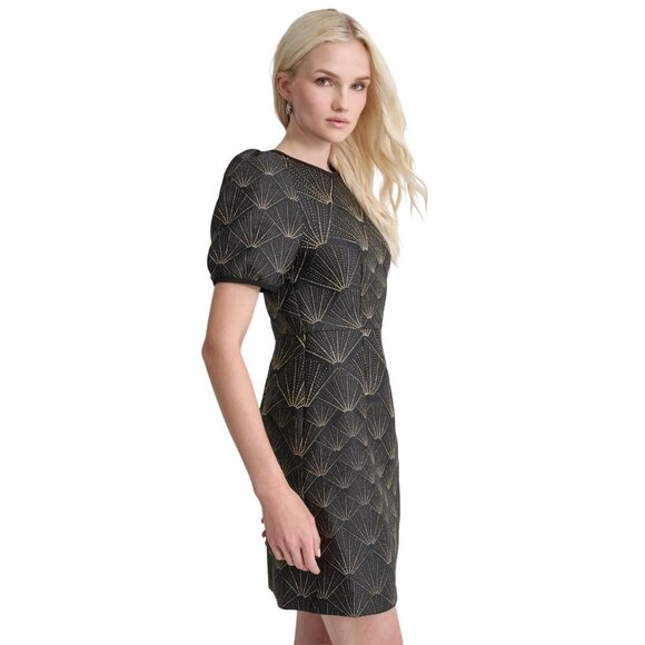 NEW DKNY Womens Short Sleeve Jewel Neck Mini Fit and Flare Dress Black/Gold 12